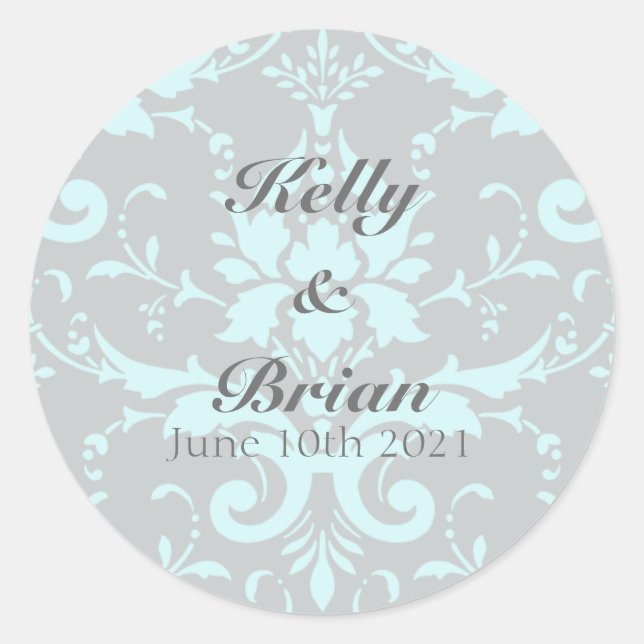 Elegant Blue Damask Wedding Stickers (Front)