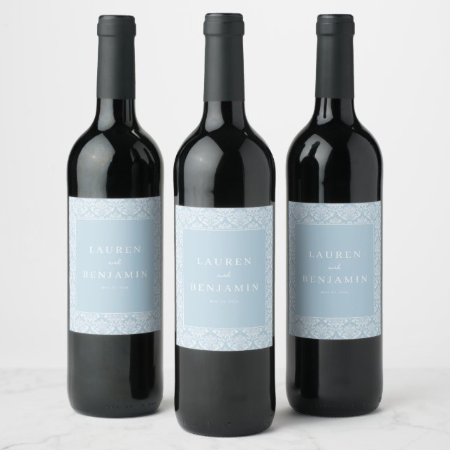 Elegant Blue Damask Wine Label (Bottles)