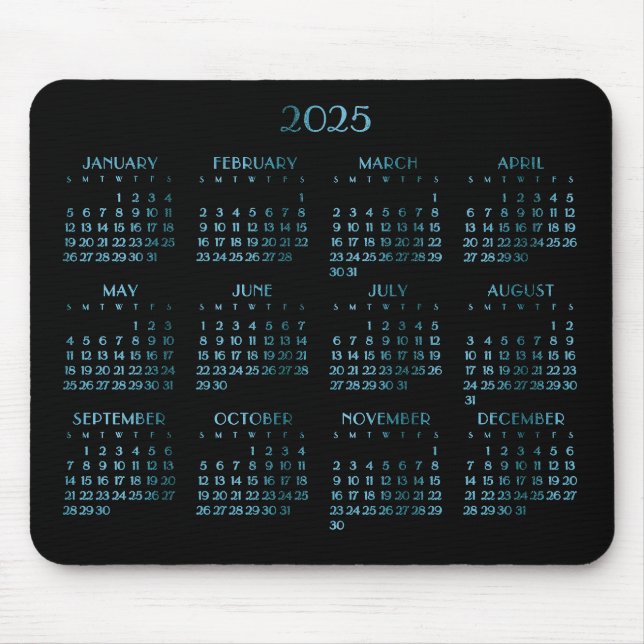 Elegant Blue Deco Yearly Calendar 2025 Mouse Mat (Front)