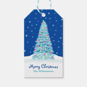 Elegant Blue Decorated Christmas Tree Holiday Gift Tags