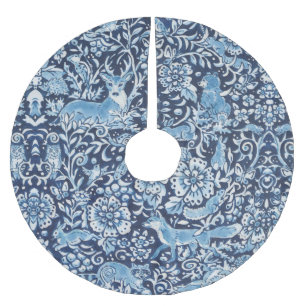 Elegant Blue Delft Woodland Animal Deer Floral Brushed Polyester Tree Skirt