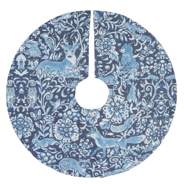 Elegant Blue Delft Woodland Animal Deer Floral Brushed Polyester Tree Skirt (Front)