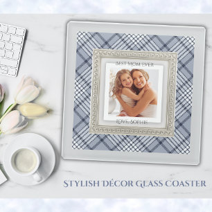 Elegant Blue Diagonal Plaid Best Mum Ever Photo Glass Coaster