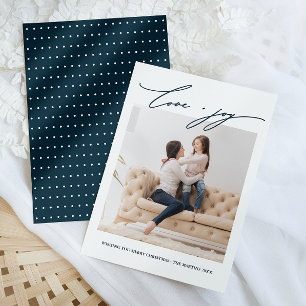 Elegant Blue Dots Love and Joy Calligraphy Holiday Invitation