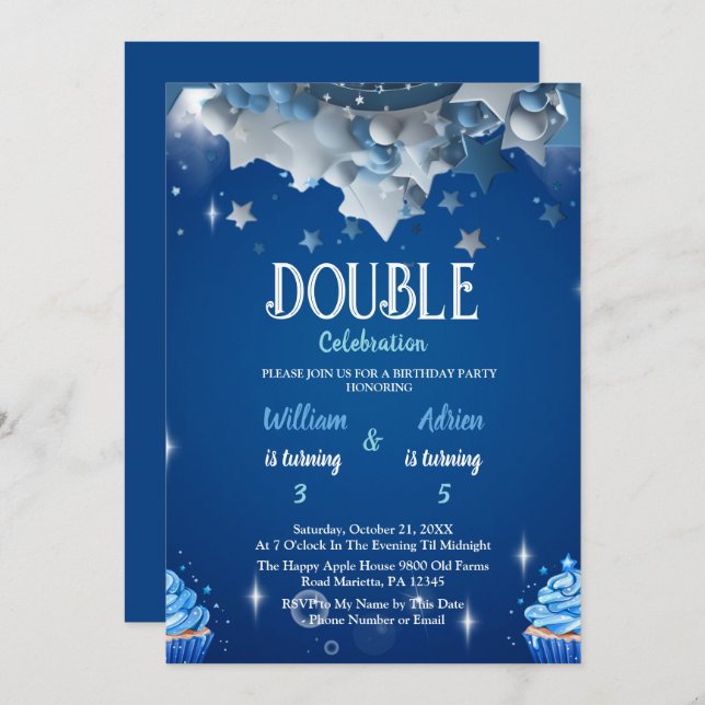Elegant Blue Double Celebration Birthday Invitation (Front/Back)