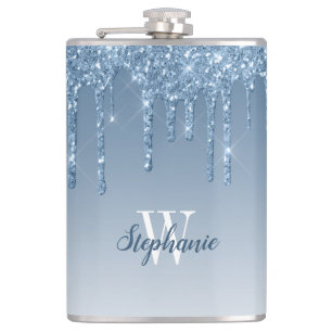 Elegant Blue Dripping Faux Glitter Monogram Hip Flask