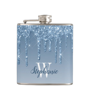 Elegant Blue Dripping Faux Glitter Monogram Hip Flask