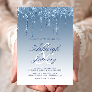 Elegant Blue Dripping Glitter Script Wedding Invitation