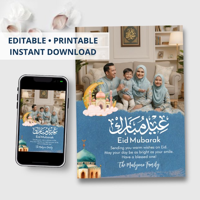 Elegant Blue Eid Mubarak Family Photo Holiday Card (Creator Uploaded)