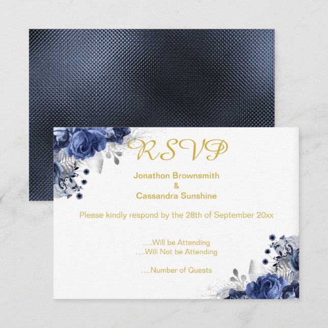 ELEGANT BLUE EMBOSSED ROSE RSVP INVITATION (Front/Back)