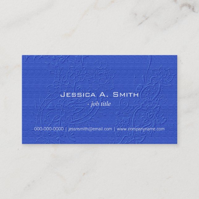 Elegant blue embroidered floral fabric texture business card (Front)