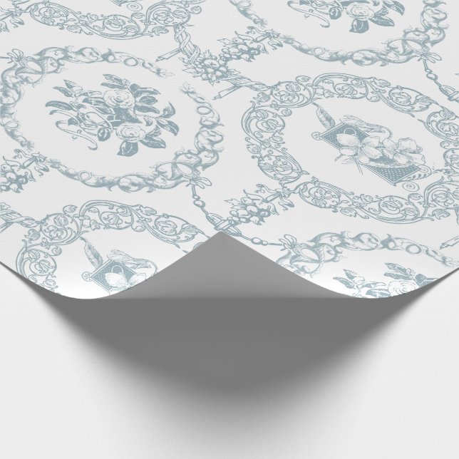 Elegant Blue Engraved Floral Medallions and Swags Wrapping Paper (Corner)