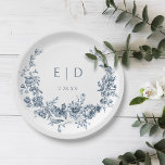 Elegant Blue Engraved Floral Wreath w/Monogram Paper Plate<br><div class="desc">Classic and elegant design featuring vintage inspired engraved blue floral wreath encircling the bride and groom's monogram & wedding date.</div>