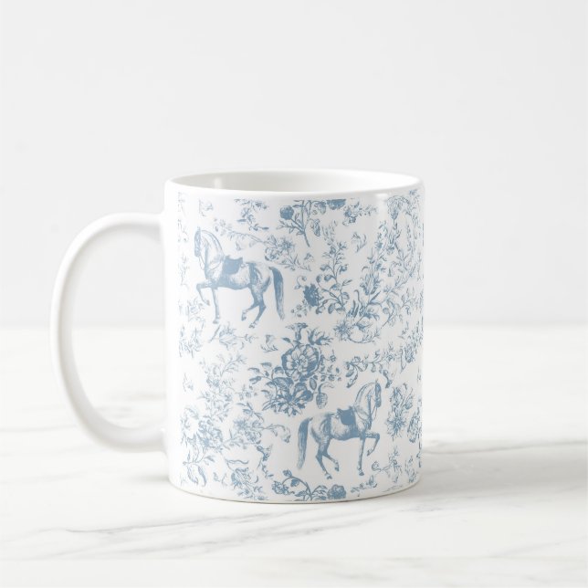 Elegant Blue Equestrian Floral Toile  Coffee Mug (Left)