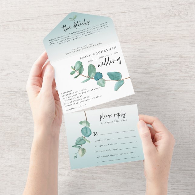 Elegant Blue Eucalyptus Branch Script Wedding All In One Invitation (Tearaway)