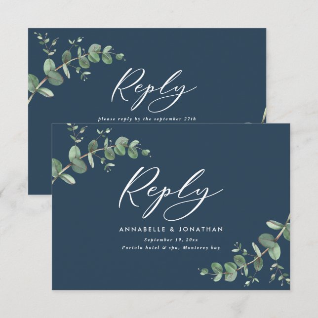 Elegant blue Eucalyptus Greenery Wedding RSVP (Front/Back)