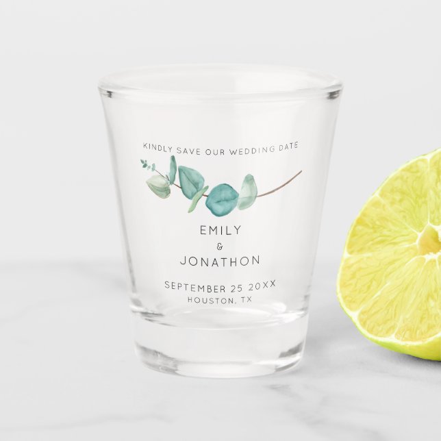 Elegant Blue Eucalyptus Keepsake Save The Date Sho Shot Glass (Front)