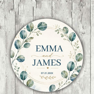 Elegant Blue Eucalyptus Watercolor Classic Round Sticker