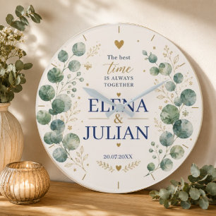 Elegant Blue Eucalyptus Wedding Large Clock