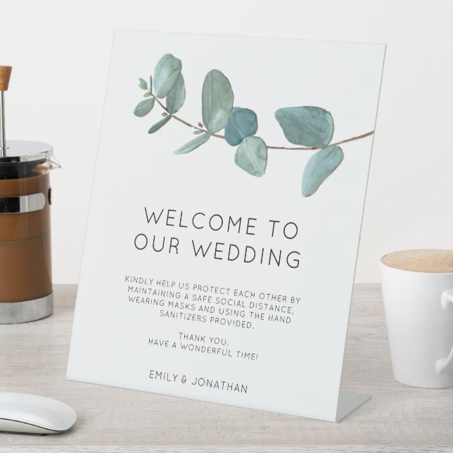 Elegant Blue Eucalyptus Welcome COVID Safety Pedes Pedestal Sign (In SItu)