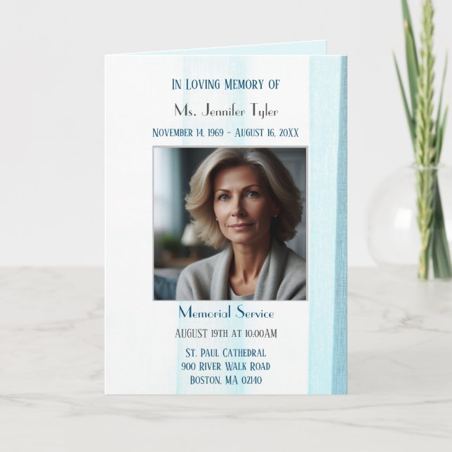 Elegant Blue Fabric Obituary Bereavement Service  Programme (Front)