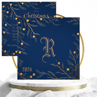 Elegant Blue Family Monogram Christmas Card