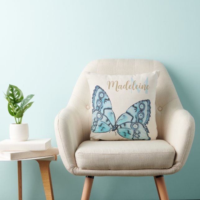 Elegant Blue Fantasy Butterfly Gold Name Art Deco Cushion (Chair)