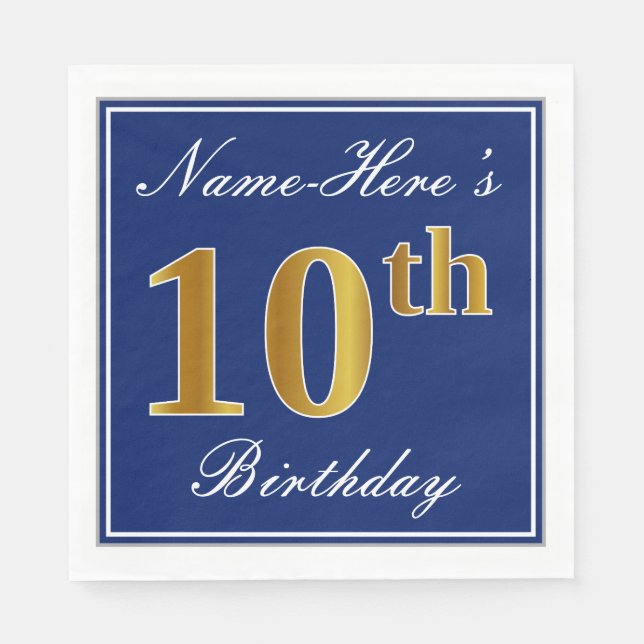 Elegant Blue, Faux Gold 10th Birthday; Custom Name Napkin (Front)