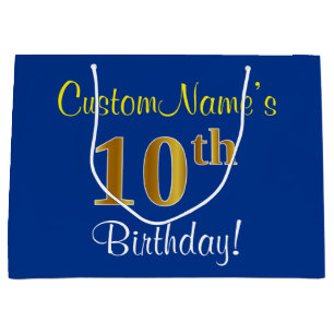 Elegant, Blue, Faux Gold 10th Birthday + Name Large Gift Bag