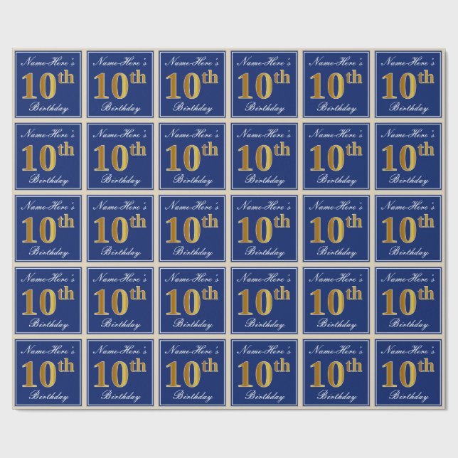 Elegant, Blue, Faux Gold 10th Birthday + Name Wrapping Paper (Flat)