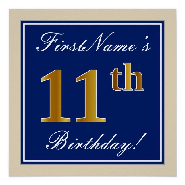 Elegant, Blue, Faux Gold 11th Birthday + Name Poster (Front)