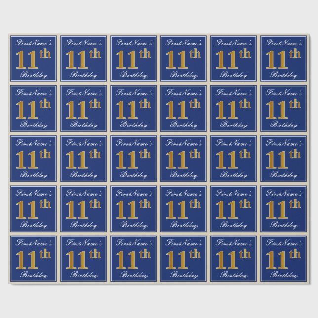 Elegant, Blue, Faux Gold 11th Birthday + Name Wrapping Paper (Flat)
