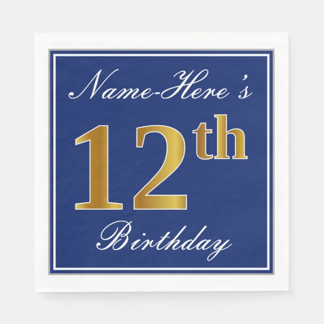 Elegant Blue, Faux Gold 12th Birthday; Custom Name Napkin (Front)