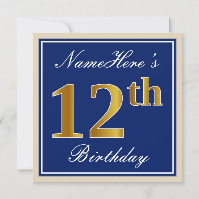 Elegant, Blue, Faux Gold 12th Birthday + Name Invitation (Front)