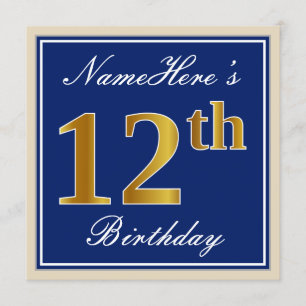 Elegant, Blue, Faux Gold 12th Birthday + Name Invitation