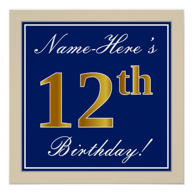 Elegant, Blue, Faux Gold 12th Birthday + Name Poster (Front)