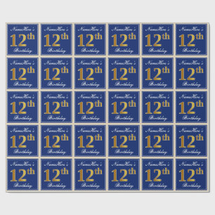 Elegant, Blue, Faux Gold 12th Birthday + Name Wrapping Paper
