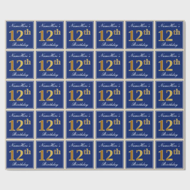 Elegant, Blue, Faux Gold 12th Birthday + Name Wrapping Paper (Flat)