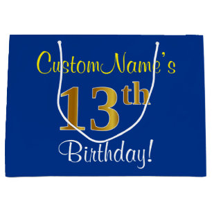 Elegant, Blue, Faux Gold 13th Birthday + Name Large Gift Bag