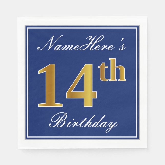 Elegant Blue, Faux Gold 14th Birthday; Custom Name Napkin (Front)