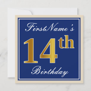 Elegant, Blue, Faux Gold 14th Birthday + Name Invitation