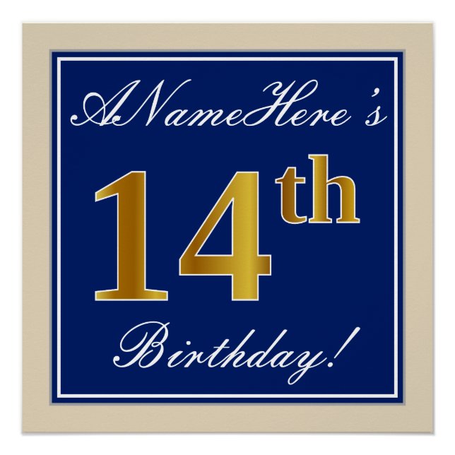 Elegant, Blue, Faux Gold 14th Birthday + Name Poster (Front)
