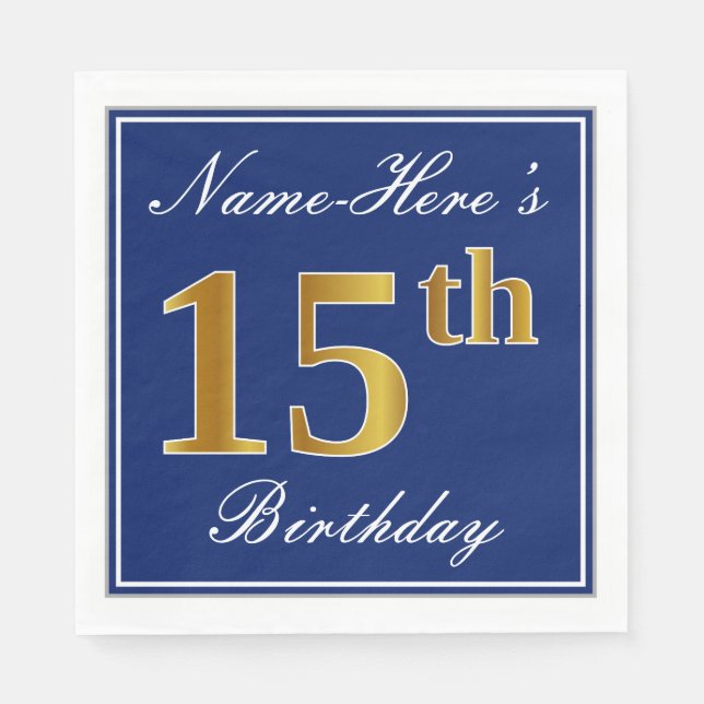 Elegant Blue, Faux Gold 15th Birthday; Custom Name Napkin (Front)