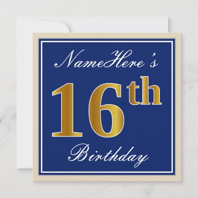 Elegant, Blue, Faux Gold 16th Birthday + Name Invitation (Front)