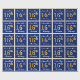 Elegant, Blue, Faux Gold 16th Birthday + Name Wrapping Paper