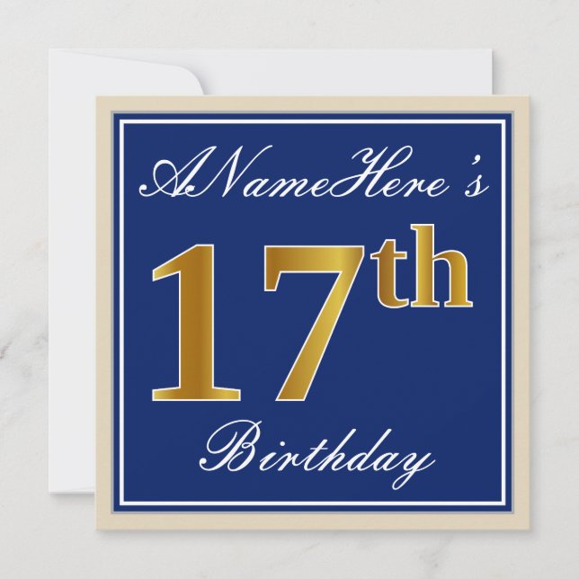 Elegant, Blue, Faux Gold 17th Birthday + Name Invitation (Front)