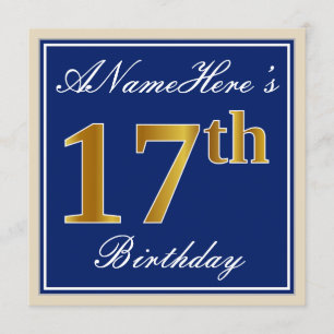 Elegant, Blue, Faux Gold 17th Birthday + Name Invitation