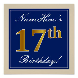 Elegant, Blue, Faux Gold 17th Birthday + Name Poster