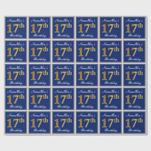 Elegant, Blue, Faux Gold 17th Birthday + Name Wrapping Paper