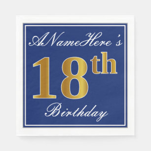 Elegant Blue, Faux Gold 18th Birthday; Custom Name Napkin
